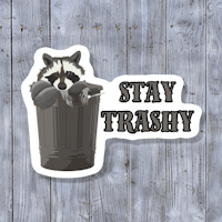 a raccoon in a trash can with the words stay trashy