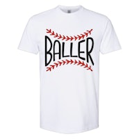 a white t - shirt with the word baller on it