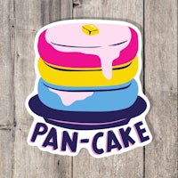 a sticker with the word pan cake on it