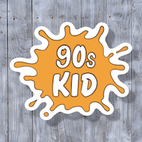 90s kid sticker on a wooden background