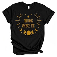 a black t - shirt that says nothing presses me