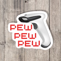 a sticker with the words pew pew on it
