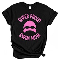 a black t - shirt that says super proud swim mom