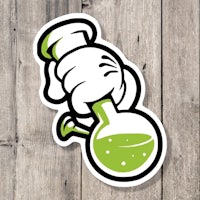 a sticker with a green beaker on it