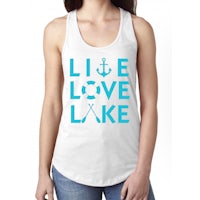 a woman wearing a white tank top that says life love lake