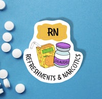 a sticker with the word rn on it