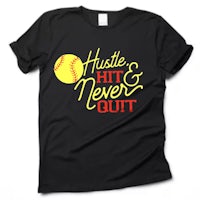 a black t - shirt that says hustle hit and never out