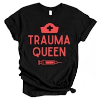 a black t - shirt that says trauma queen