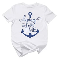 a white t - shirt that says living on a lake time
