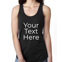 a women's black tank top that says your text here