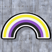 a purple and yellow rainbow sticker on a white background