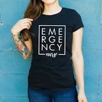 a white t - shirt with the words emergency nurse on it