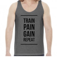 a man wearing a tank top that says train pain gain repeat