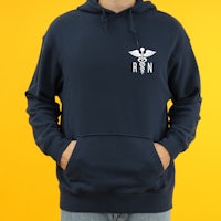 a man wearing a navy hoodie with an eagle on it