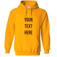 a yellow hoodie that says your text here
