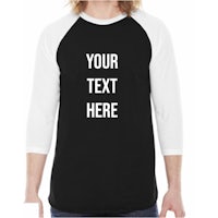 a man wearing a black and white raglan t - shirt that says your text here