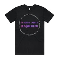 a black t - shirt with a purple circle and the word supernatural