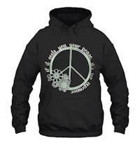 a black hoodie with a peace sign on it