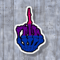 a sticker with a blue and purple skeleton hand