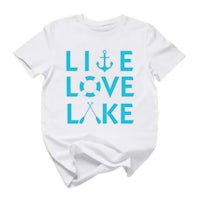 a white t - shirt that says life love lake