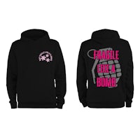 a black hoodie with a pink grenade on it