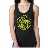 a women's black tank top with a yellow design and a palm tree