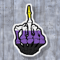 a purple and black skeleton with a thumbs up sticker