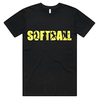 a black t - shirt with the word softball in yellow