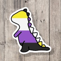 a cartoon dinosaur with a rainbow flag on its back