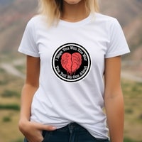 a woman wearing a white t - shirt with a red heart on it