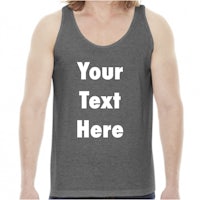 a man wearing a tank top that says your text here
