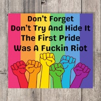 a poster that says don't forget don't try and hide the first pride was a fuckin riot