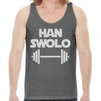 a man wearing a tank top that says han swolo