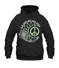a black hoodie with a peace sign on it